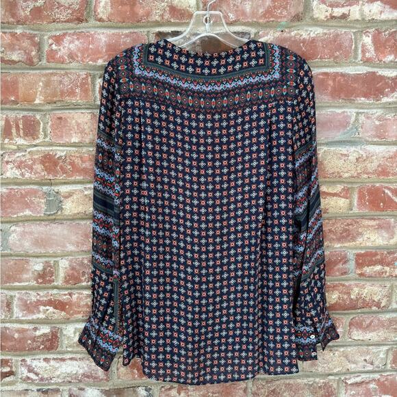Derek Lam 10 Crosby Navy Geometric Print Draped Front Blouse 100% Silk Sz 8 - Picture 3 of 9